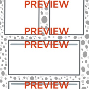 May include: A digital product mockup template with five gray rectangular frames with the word "PREVIEW" in red text. The background is a pattern of gray circles.