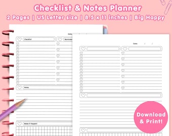 Checkliste & Notizen Planer | Liniertes Papier | Tagesplaner Seiten | US Letter Größe | 8,5 x 11 Zoll | Großer Happy Planner Größe