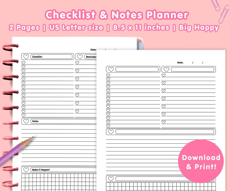 Checklist & Notes Planner | Lined Paper | Daily Planner Pages | US ...