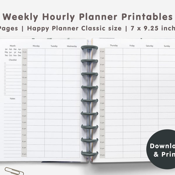 Undated Hourly Planner | Weekly Hourly Planner Printables | Happy Planner Classic size | 7 x 9.25 inches | Discbound Printables