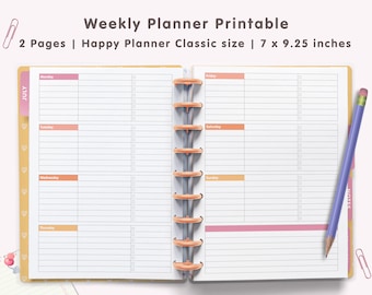 May include: A printable weekly planner in a classic size, measuring 7 by 9.25 inches. The planner has two pages, with a peach and pink color scheme. The left page has a column for each day of the week, Monday through Thursday, and the right page has columns for Friday, Saturday, and Sunday. The planner is designed for use with a Happy Planner.