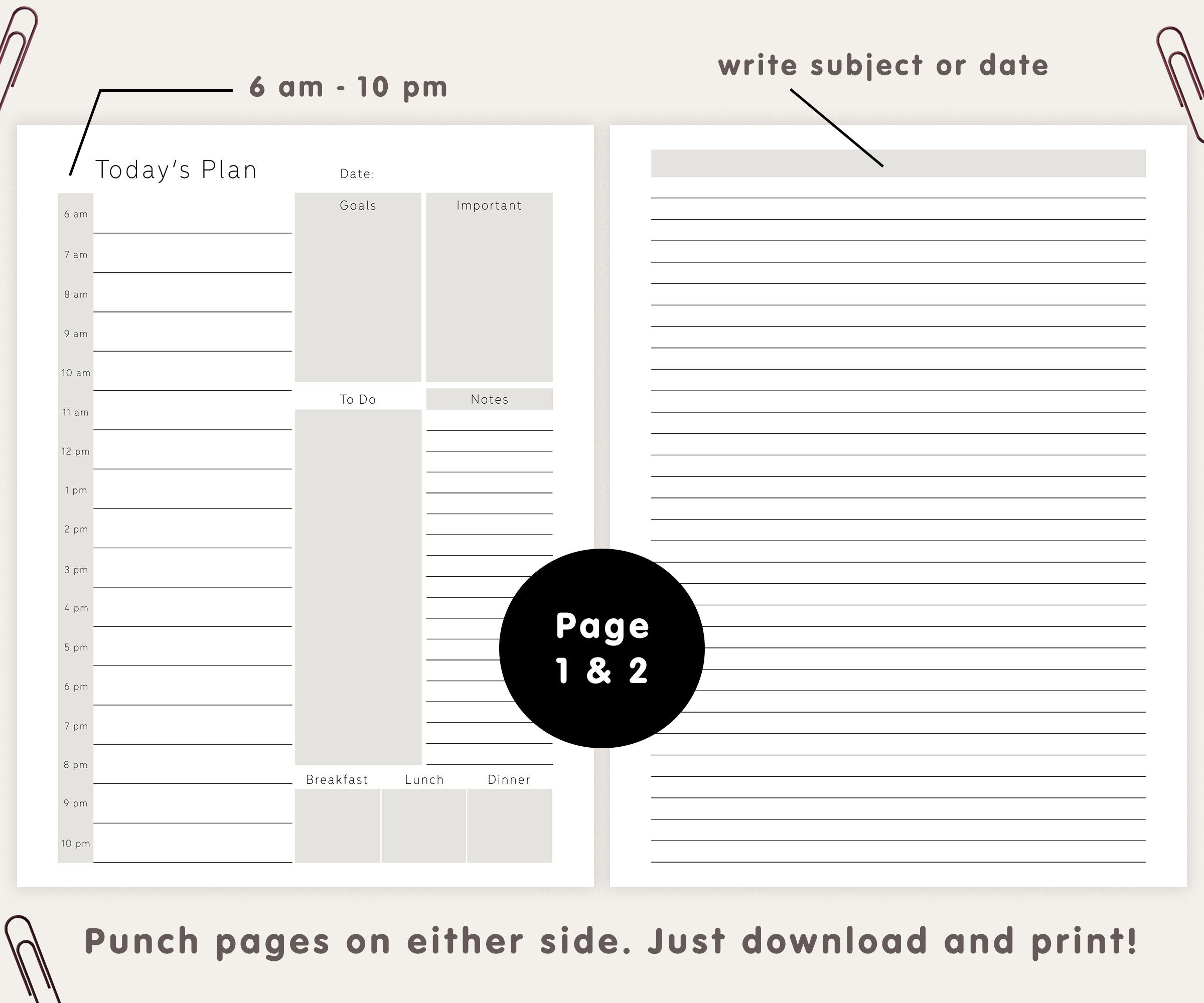 Daily Hourly Planner Printables Classic Happy Planner Size or 7 X 9.25 ...