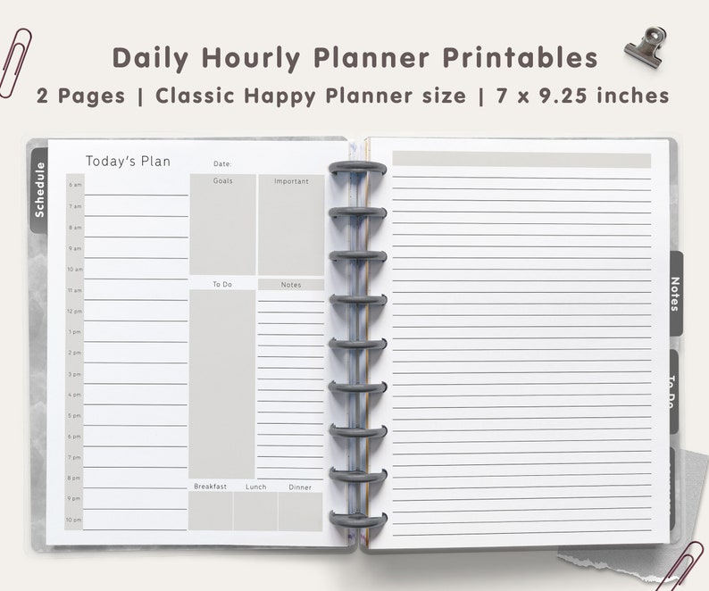 Daily Hourly Planner Printables Classic Happy Planner Size or 7 X 9.25 ...