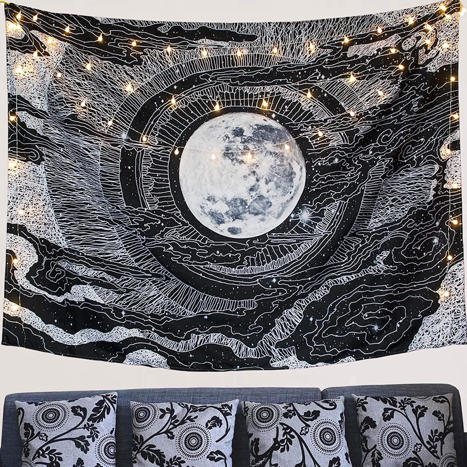 Moon Tapestry Wall Hanging Black and White Dark Aesthetic Etsy