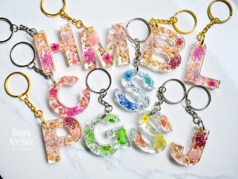 Custom Resin Real Flower Letter Initial Monogram Keychain Etsy
