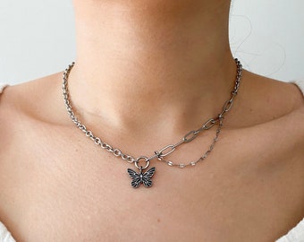 Stainless Steel Butterfly Charm Necklace, Punk Style