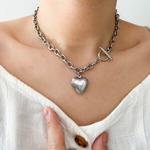Heart Locket Necklace Chunky Chain with Toggle Clasp Photo Locket