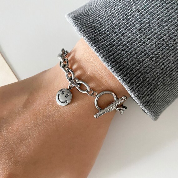 Chunky Chain Smile Toggle Stainless Steel Bracelet Smiley Face