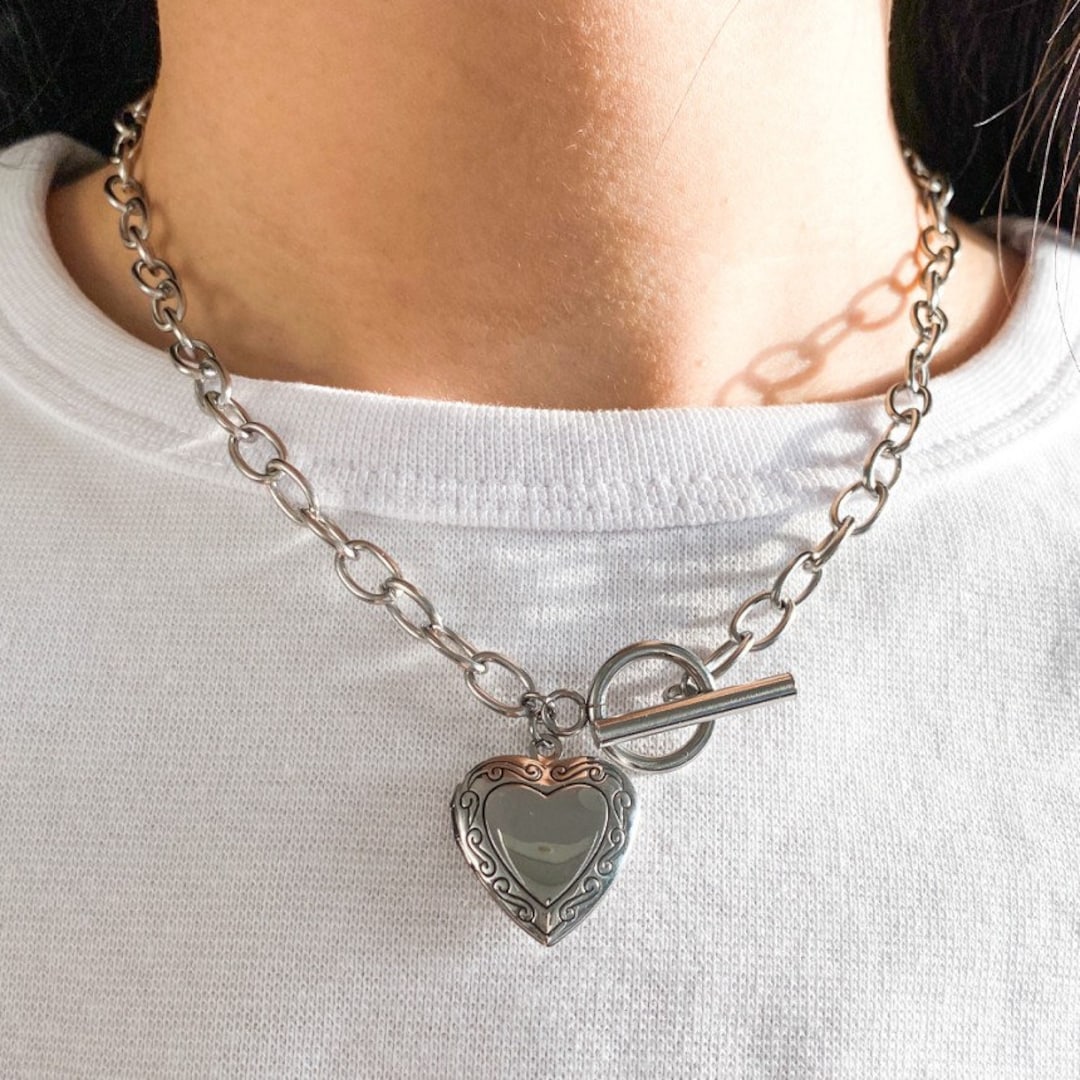 Heart Locket Necklace, Bold Chain Necklace, Romantic Love Locket ...