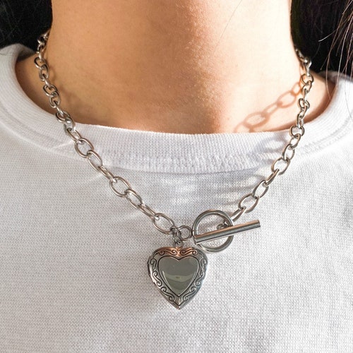 Heart Locket Necklace Bold Chain Necklace Romantic Love Etsy