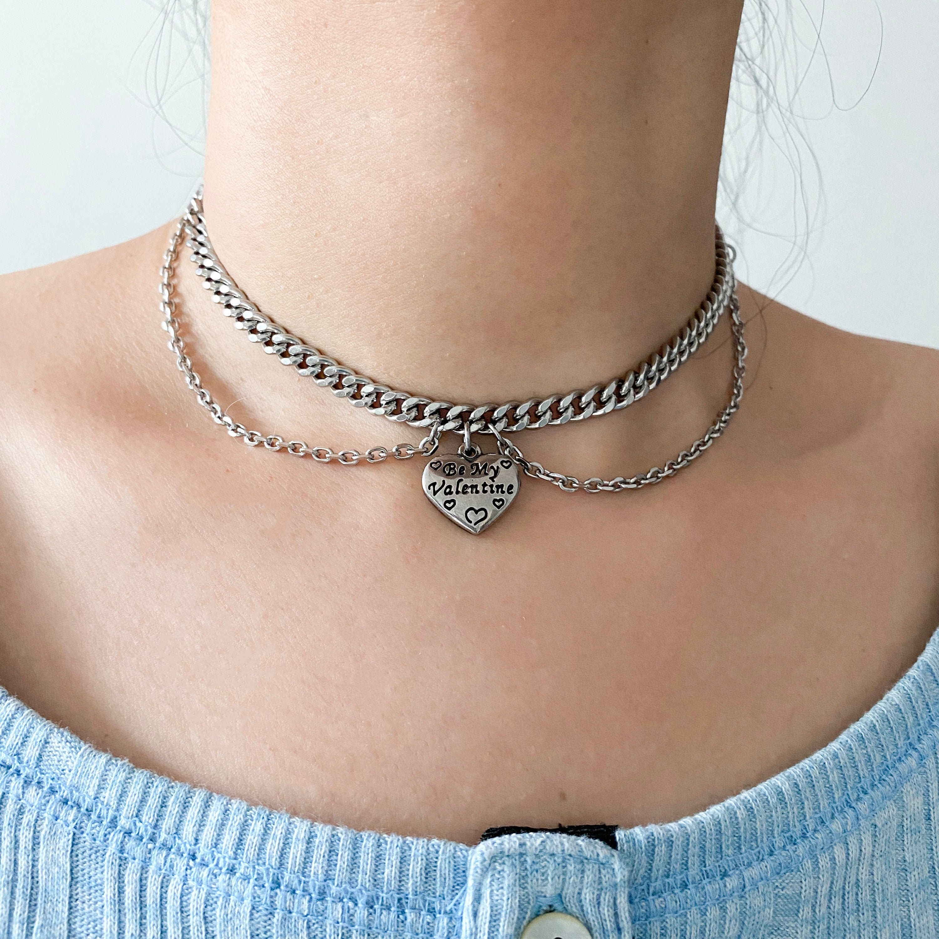 Chunky Chain Heart Choker Stainless Steel Choker Necklace Etsy