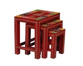Wooden Indian ethnic nesting table set of 3, wooden stool set, colorful ethnic tables coffee and end tables side table living room furniture