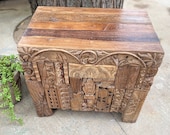 Wooden carved Indian dowry box, vintage trunk, blanket box, wedding chest, wooden Bhakra box, storage chest, Indian furniture and decor