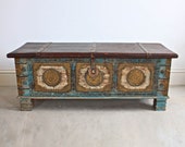 Wooden side chest Wooden beautiful hand made chest Wooden brass dowry chest Wooden coffee table Indian furniture blue distressed chest