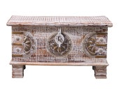 Wooden distressed white Indian trunk , coffee table box, storage box, dowry chest, wedding box, brass box, coffee table trunk, blanket box