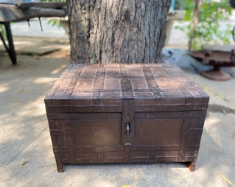 Iron Handler Large Wooden Box with Mirror Wooden Trunk w 1900s Antiques ANTIQUE WOODEN CHEST with Iron Reinforced Bottom Mirrored Box