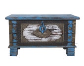 Wooden distressed blue Indian trunk , coffee table box, storage box, dowry chest, wedding box, brass box, coffee table trunk, blanket box