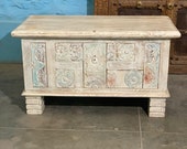 Wooden side chest Wooden beautiful hand made chest Wooden dowry chest Wooden coffee table Indian furniture White distressed chest