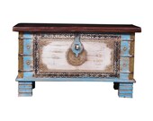 Wooden storage side chest beautiful hand made chest brass dowry box Wooden coffee table Indian furniture blue distressed wedding trunk