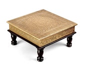 Brass and wooden Indian chowki, low stool, ottoman, bajot, temple stool, golden low stool, Indian furniture, foot stool, low table