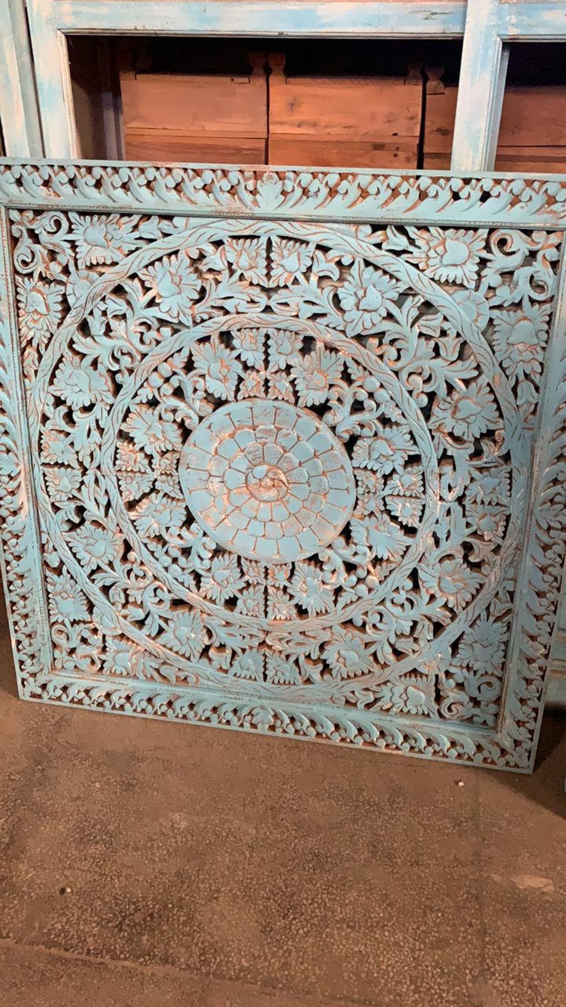 Wooden carved headboard bed head natural color Mandala Etsy