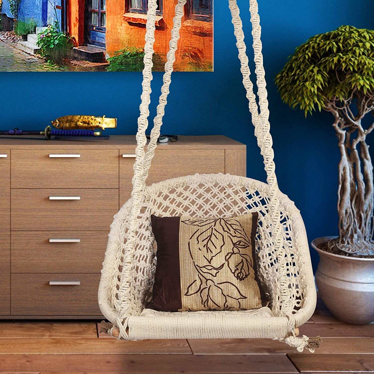 Cotton Jute Ceiling Swing Wooden Rope Swing Jhula for Adults Etsy