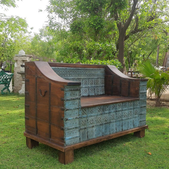 Antique carved wooden sofa with storage distressed blue Etsy