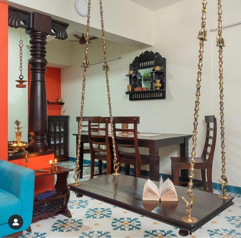 Carved Wooden Ceiling swing with brass chain Garden Swing Etsy