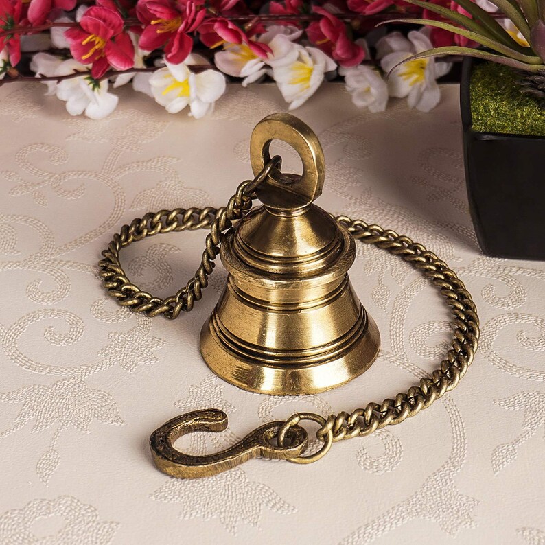 Brass Hanging Bell with Chain Home D\u00e9cor Decorative bell with brass chain temple bellIndian antiques Indian handicraft brass decor