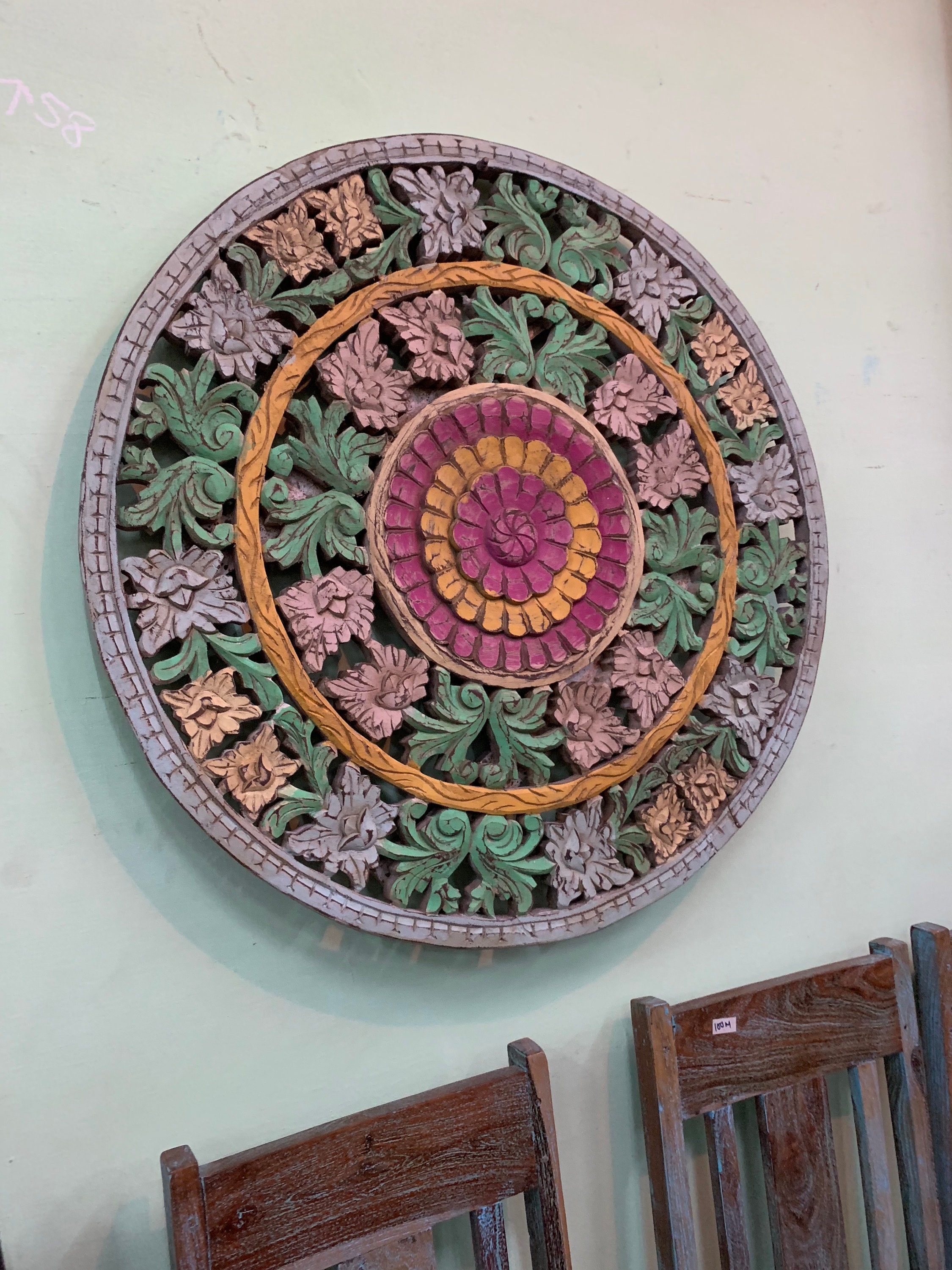 Wooden hand carved painted wall panel multicolor hanging door mount home decor Wooden hand carved painted wall panel multicolor hanging door mount home decor