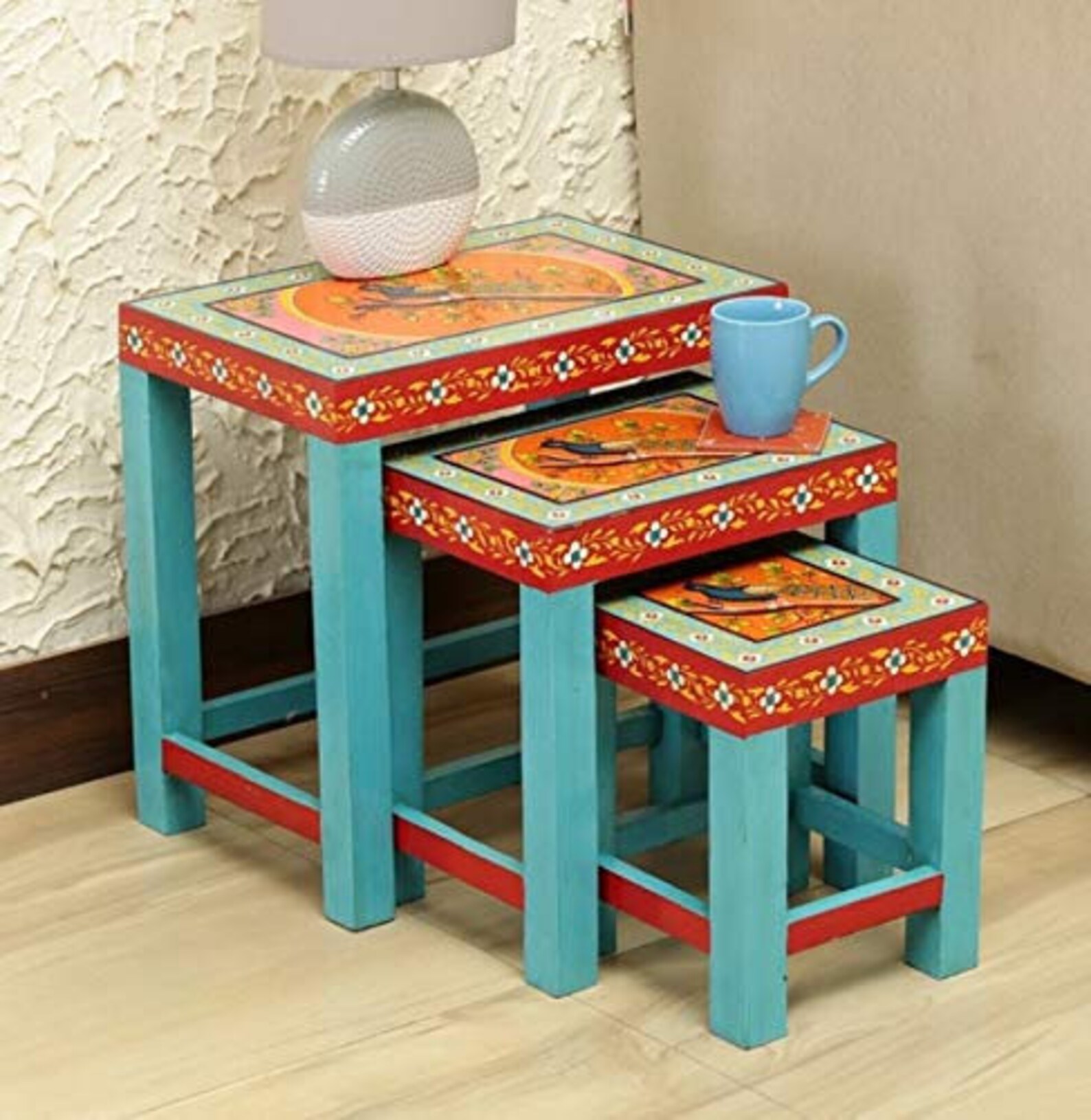 Wooden Indian ethnic nesting table set of 3 wooden stool set Etsy