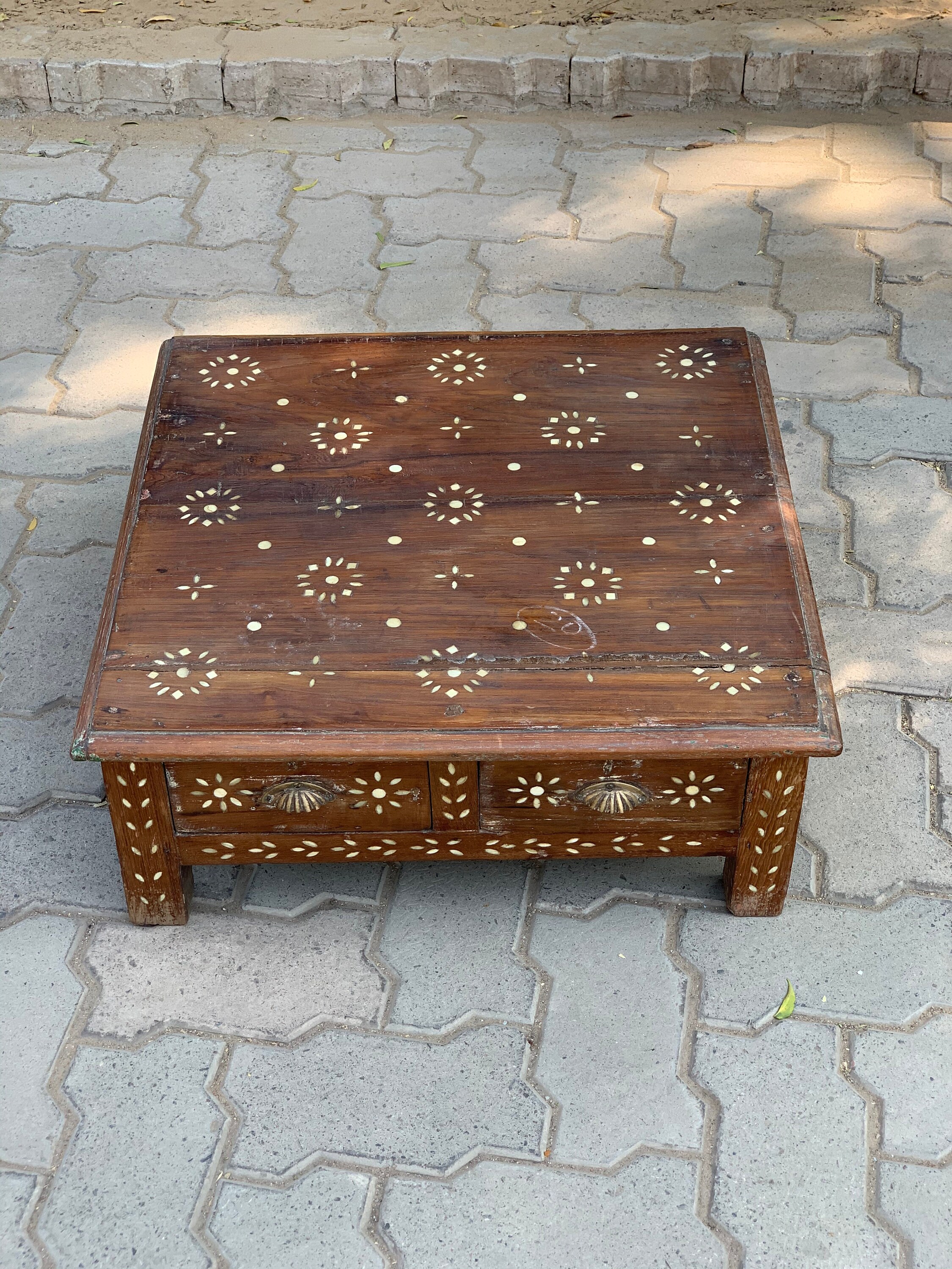 Wooden carved teak wood table /Table with bone inlay/ Wooden Etsy
