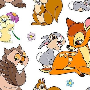 May include: A colourful illustration featuring various Disney characters from the movie Bambi, including Bambi, Thumper, and Flower. The characters are depicted in a whimsical style with bright colours and playful expressions.