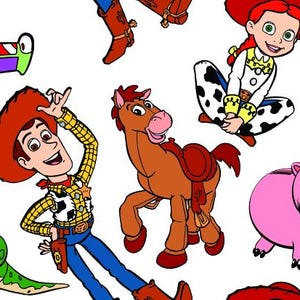 May include: A colourful pattern featuring characters from the Toy Story franchise. The characters include Woody, Buzz Lightyear, Jessie, Rex, and the aliens. The background is white.