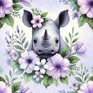 May include: A white rhinoceros with a purple flower crown, surrounded by purple and white flowers. The rhinoceros is looking directly at the viewer.