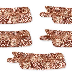 May include: Five decorative brown and white patterned labels with a slightly pointed edge on one side. The labels have a paisley design.