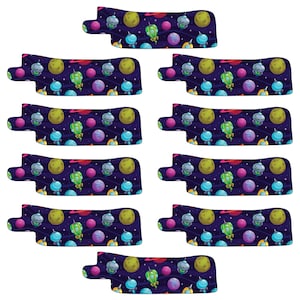 May include: Set of ten colourful space-themed iron-on patches. Each patch features a dark blue background with stars, planets, and spaceships. The patches are perfect for adding a fun and unique touch to clothing, bags, or other fabric items.