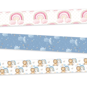 May include: Three different patterns of washi tape featuring a rainbow, stars, and lions. The rainbow pattern is pink and white with a light brown background. The star pattern is blue with white clouds and gold stars. The lion pattern is white with brown lions, rainbows, and clouds.