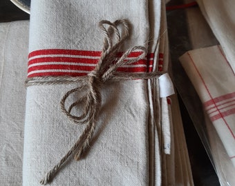 2 viejas toallas de té de campo vintage francés lino mixto rayas rojas conjunto de 2