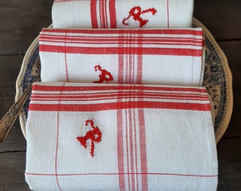 4 handgeborduurde servetten Oude vintage landelijke theedoeken Frans gemengd linnen rode strepen initiële R