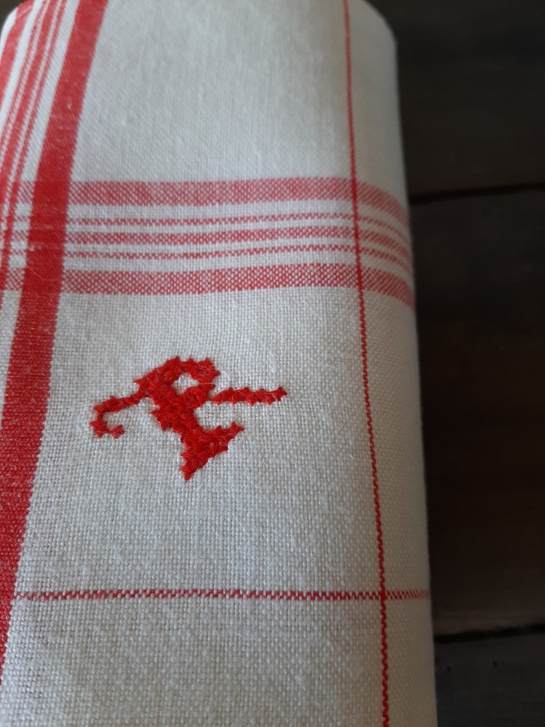 4 Serviettes de table brodées main Torchons anciens campagne vintage Français métis lin rayures rouges initiale R image 2