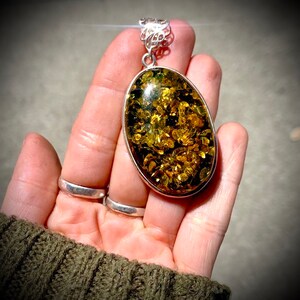 XL Sterling Silver Large Green and Gold Genuine Baltic Amber Crystal Pendant