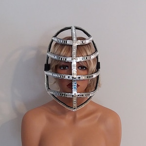 PLATA Espejo Cara GUARDIA-Lady GaGa-Samba Disfraces Carnaval-Mardi Gras-Mascerade-Show Girl-Las Vegas-Cabaret-Rave-Burning Man-Sci-Fi- KS-FG1