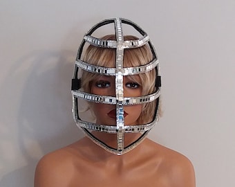 Espejo plateado con rostro de guarda - Lady Gaga - Disfraces de samba - Carnaval - Mardi Gras - Showgirl - Las Vegas - Cabaret - Rave - Burning Man