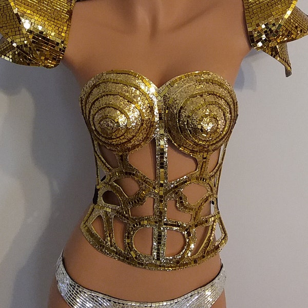 Corset miroir doré-Samba Carnival Show Girl-Sci-Fi-Rave-Las Vegas-Cabaret-Burning Man-Pride Parade-Brésil-Lady GaGa-KS-MIR-Cor-G