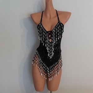 Schwarze Pailletten Perlen LEOTARD-Größe S/M-Samba Kostüme Karneval Show Girl Las Vegas-Cabaret-Burning Man-Pride Parade-Brasilien-Karneval-Z-Leo10-Bla