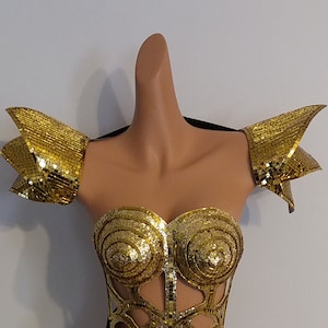 Hombreras de espejo DORADO - Chica de espectáculo de samba de carnaval - Ciencia ficción - Rave - Las Vegas - Cabaret - Burning Man - Desfile del Orgullo - Brasil - Lady GaGa - KS-MIR-Sp1-3