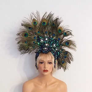 Mardi Gras Feather Headpiece Headdress Mardi Gras Top Sequined Bra Tail  Purple Gold Green Top Made in and Shipped From the USA 