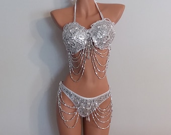 BLACK Sequin BIKINI-5 Piece Set Beads-Samba Costumes Carnival Show Girl Las Vegas-Cabaret-Burning Man-Pride Parade-Brazil-Carneval-BM-BB1