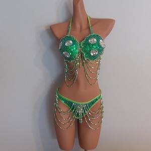 GRÜNER BIKINI-2 Stück-Pailletten-Perlen-Samba Kostüme Karneval Showgirl Las Vegas-Cabaret-Burning Man-Pride Parade-Brasilien-Karneval-Z.B.Bik2-Lg